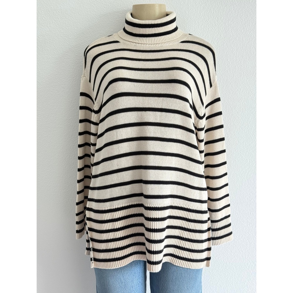 LOFT Nautical Striped Turtleneck Cream Black Minimalist Oversized Knit Sweater S